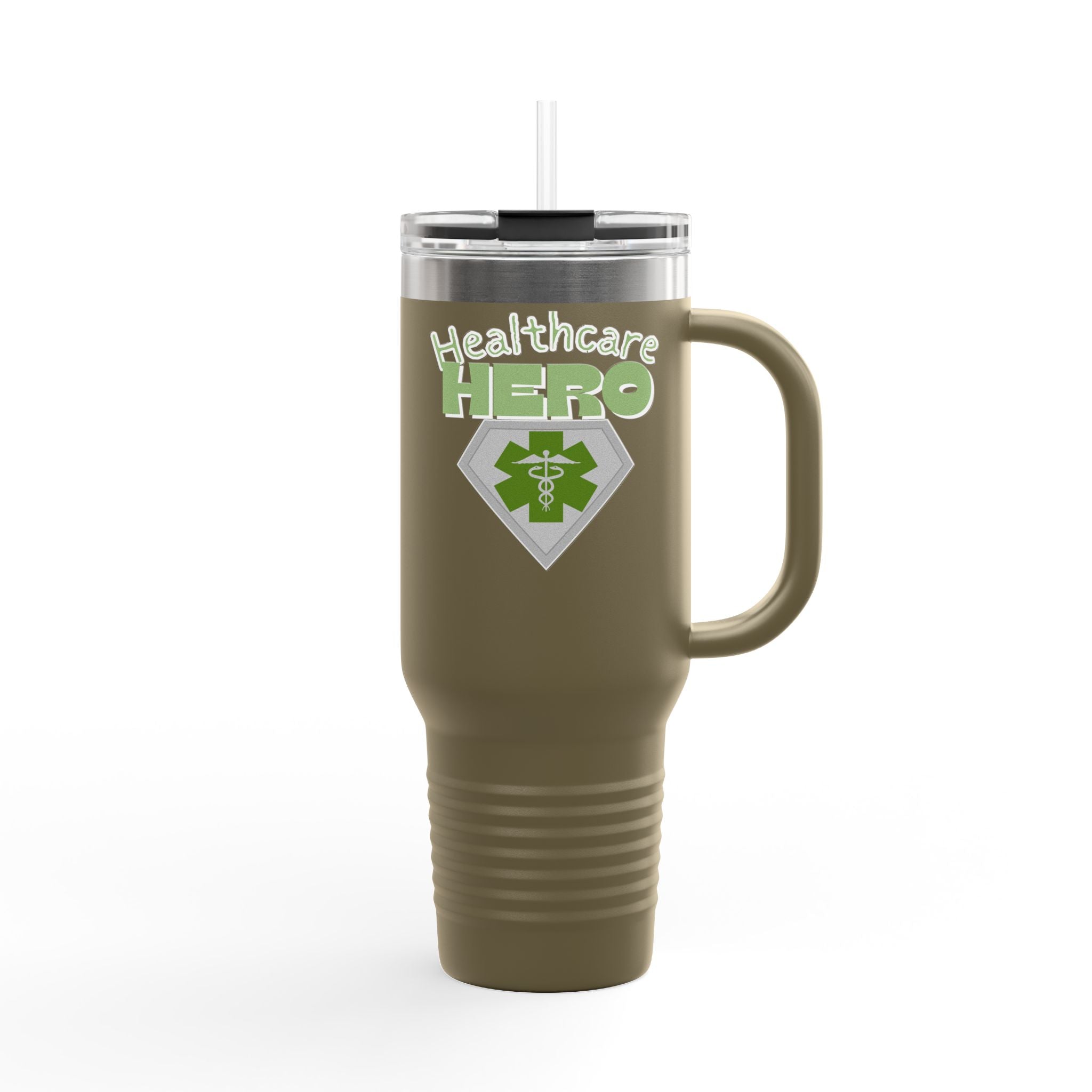 Healthcare Hero 40oz Insulated Travel Mug(Matt Green|White)|Travel Mug For Medical Workers | EMS Travel Mug | Healthcare Mug |