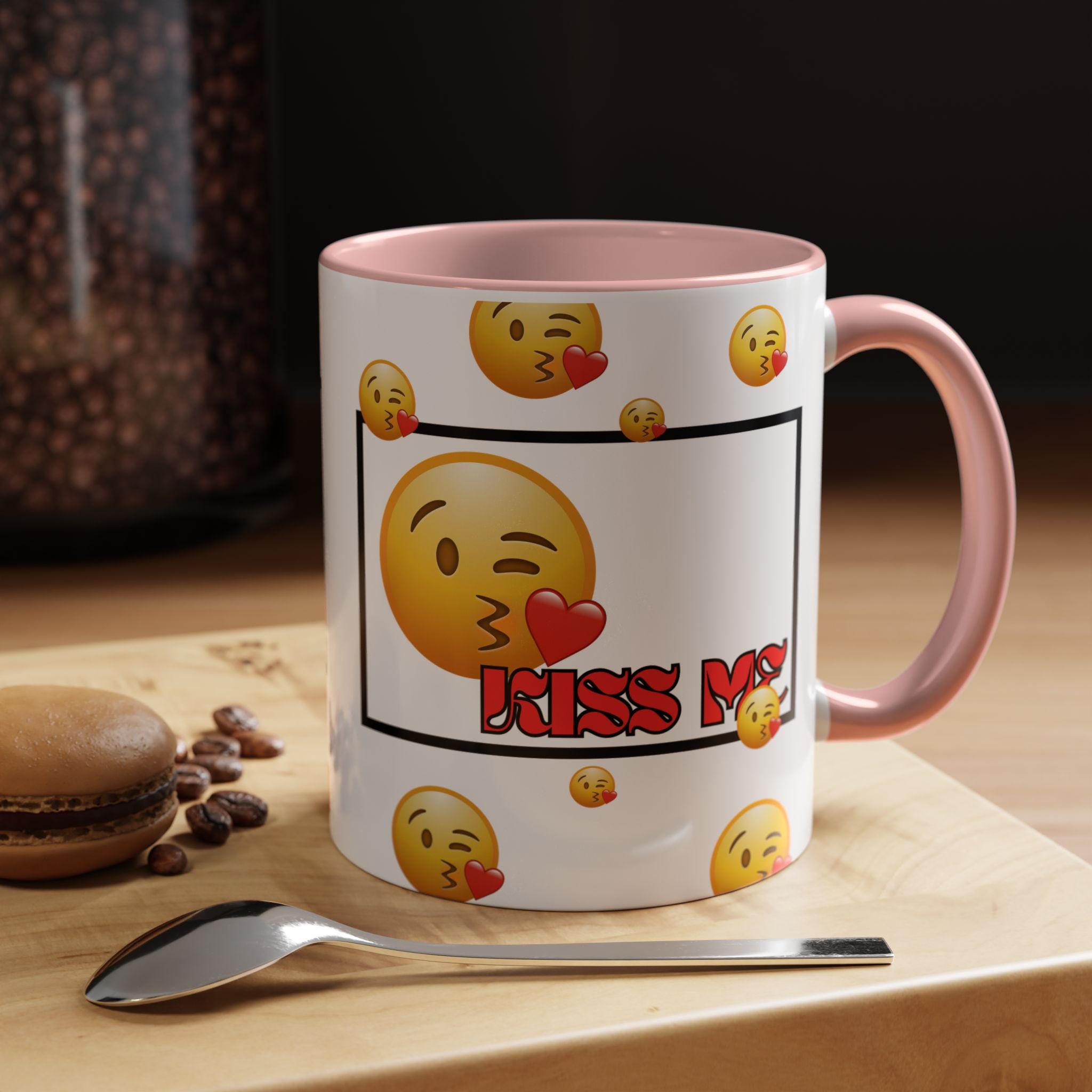 Kiss Me Valentines Day Accent Mug | Accent 11oz 15oz | Emoji Mug | Valentines Mug | Kiss Face Emoji Mug |