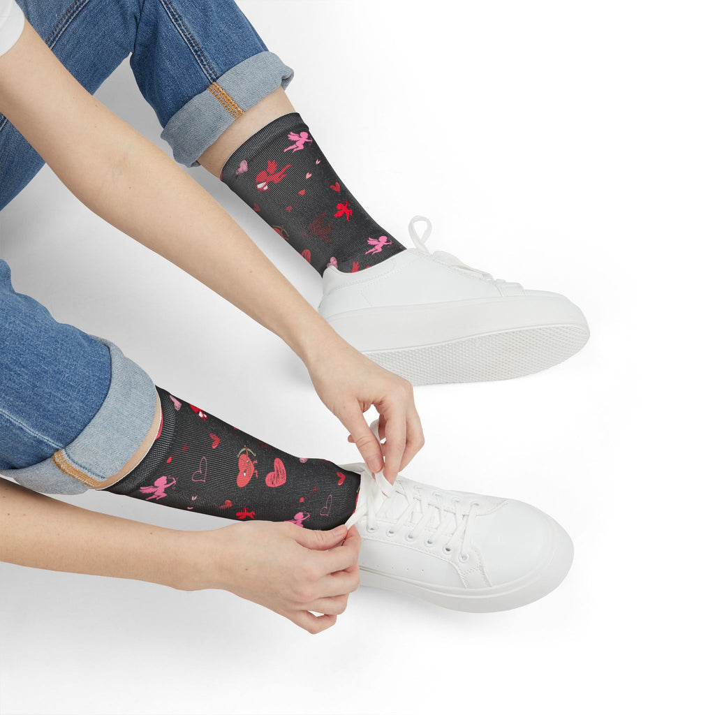 Valentines Love Is a Battlefield' Crew Socks (black)| Cupid Socks | Valentines Day Socks | Heart Socks |
