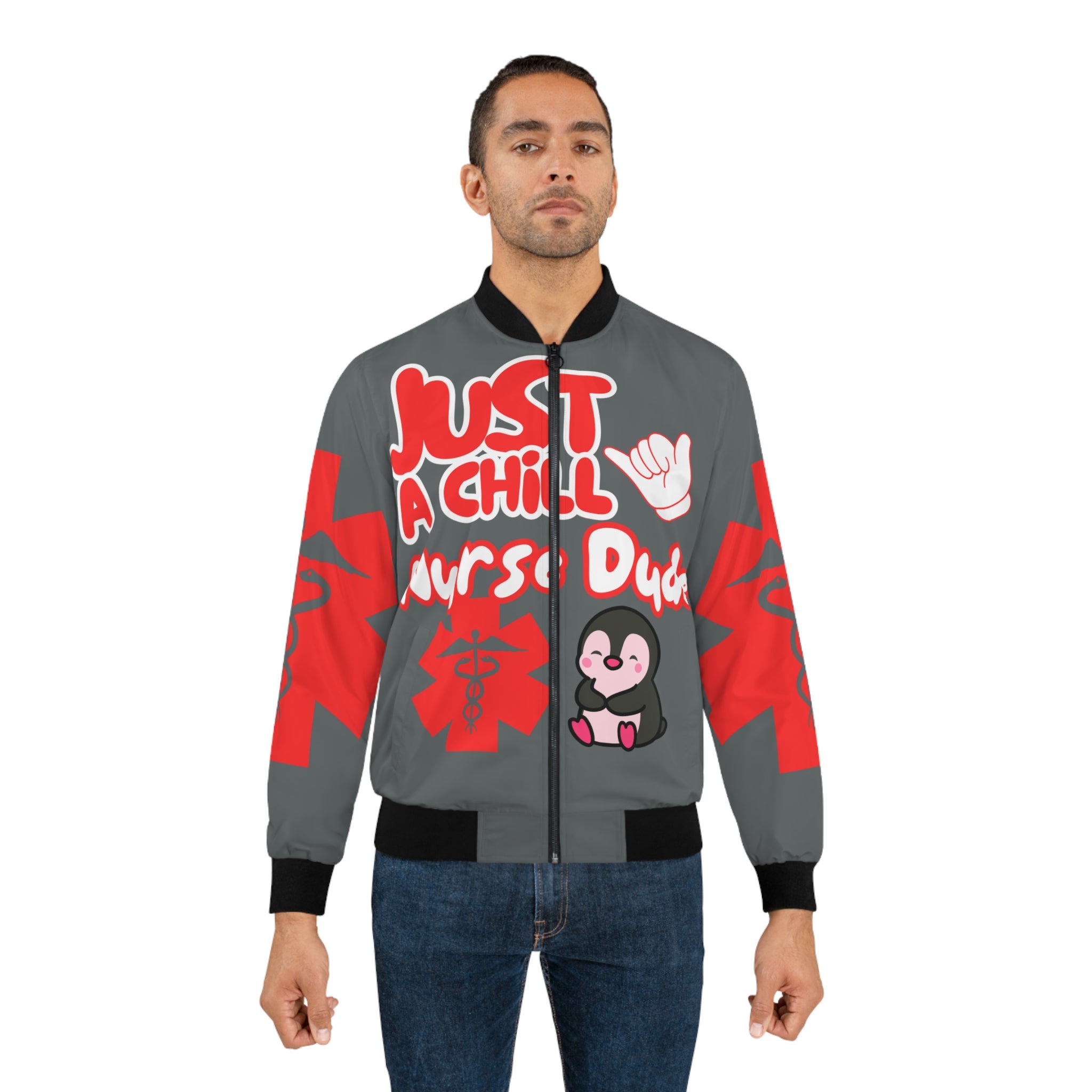 Chill Nurse Dude Medical Bomber Jacket(Red|White|Grey) | Cool EMT Jacket|Healthcare Jacket for Men| Mens Nurse Jacket|Nurse For Him |