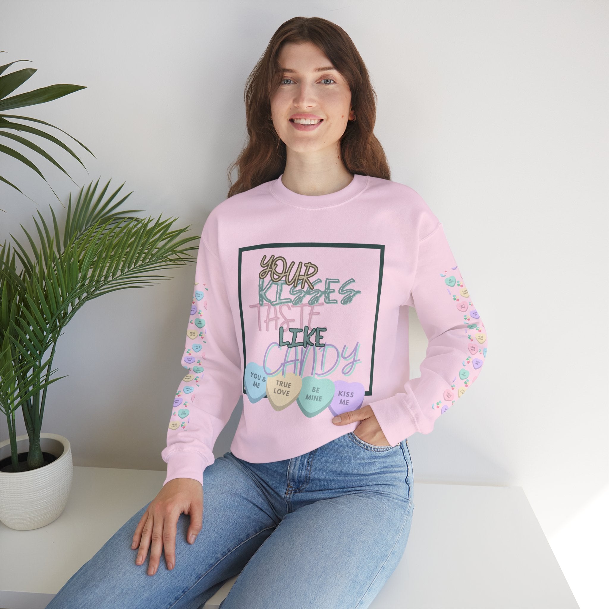 Candy Kisses Valentines Day Crewneck Sweatshirt | Heart Sweater | Candy Sweater |