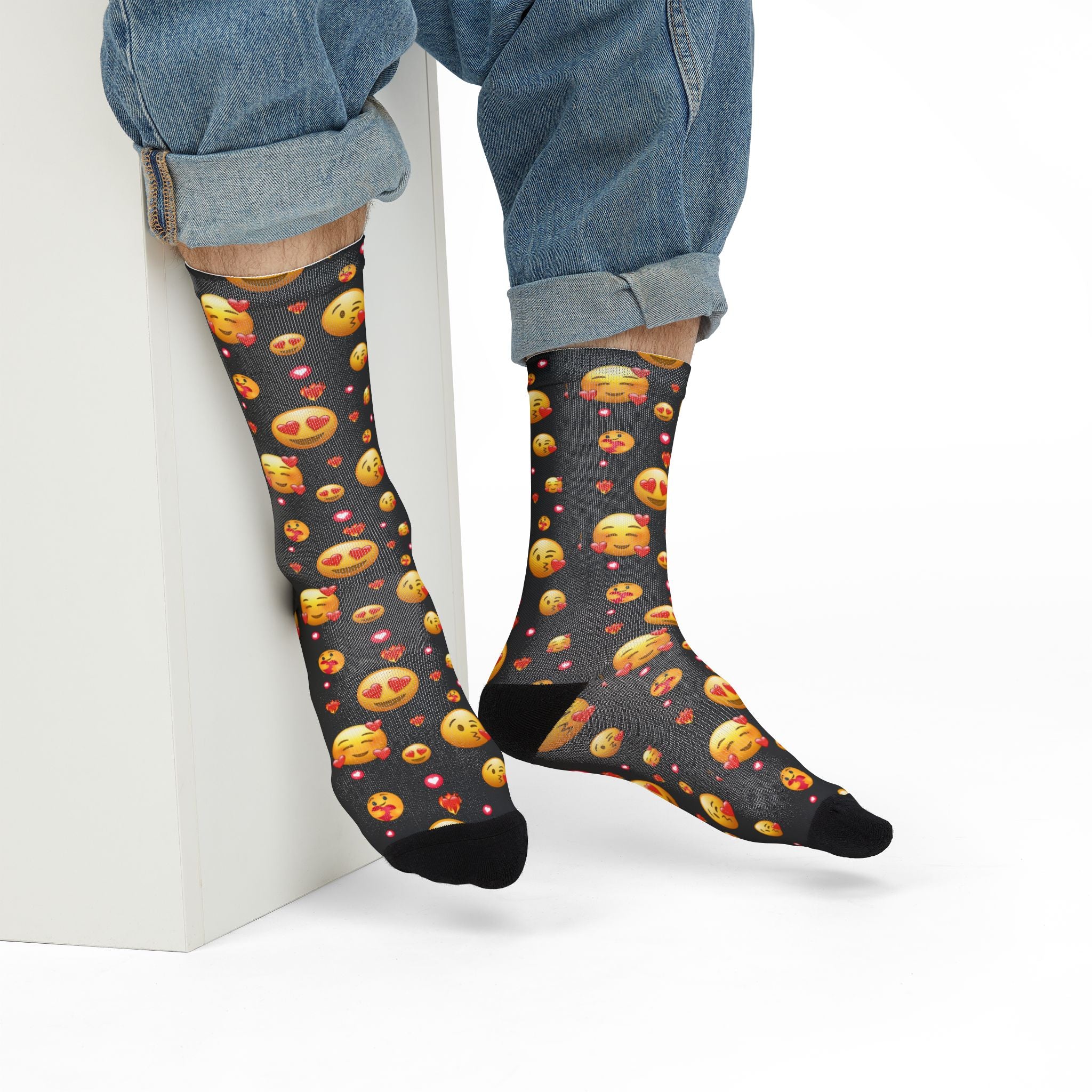 Heart Eyes Emoji Valentines Day Socks (black) | Valentines Crew Socks | Emoji Socks