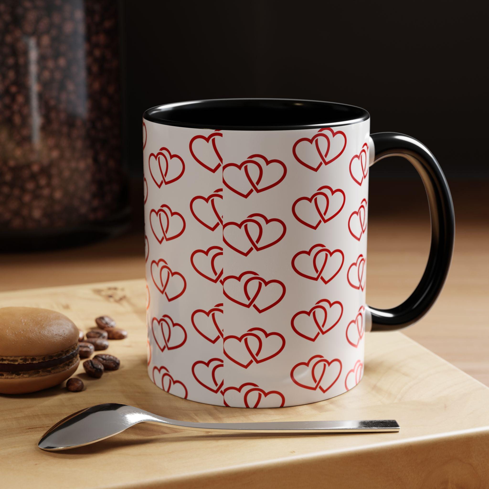 Linked Heart Pattern Valentine Accent Coffee Mug | 11oz 15oz | Love Mug | Heart Mug | Valentines Day Gift