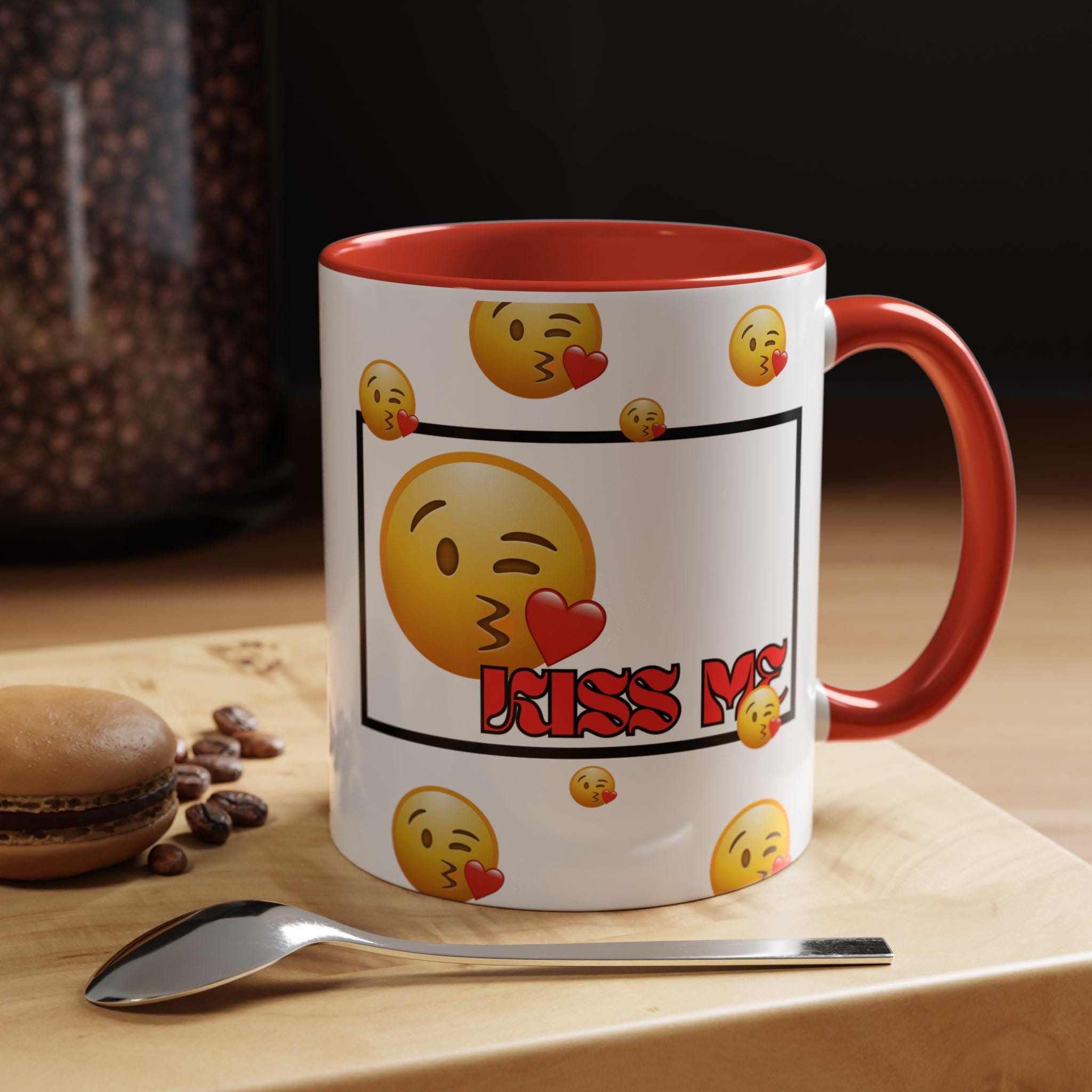 Kiss Me Valentines Day Accent Mug | Accent 11oz 15oz | Emoji Mug | Valentines Mug | Kiss Face Emoji Mug |