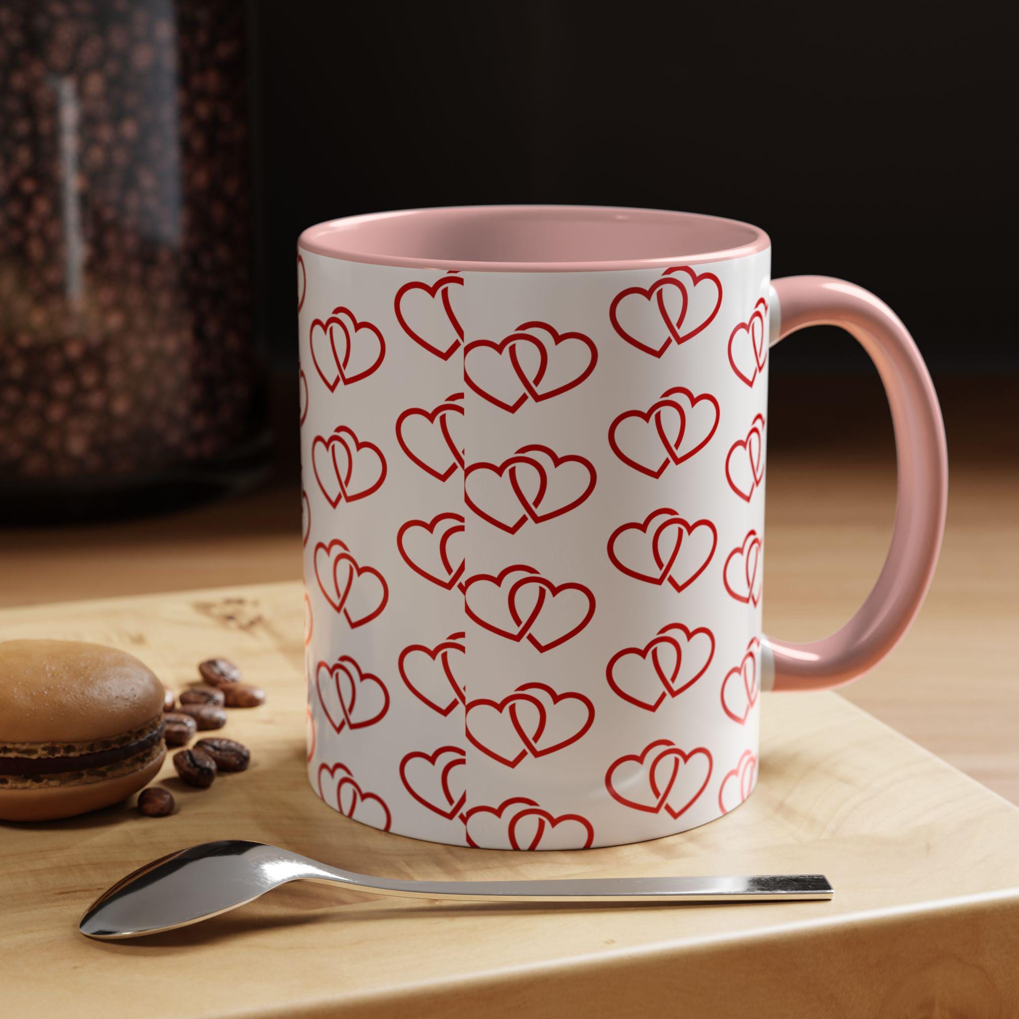 Linked Heart Pattern Valentine Accent Coffee Mug | 11oz 15oz | Love Mug | Heart Mug | Valentines Day Gift