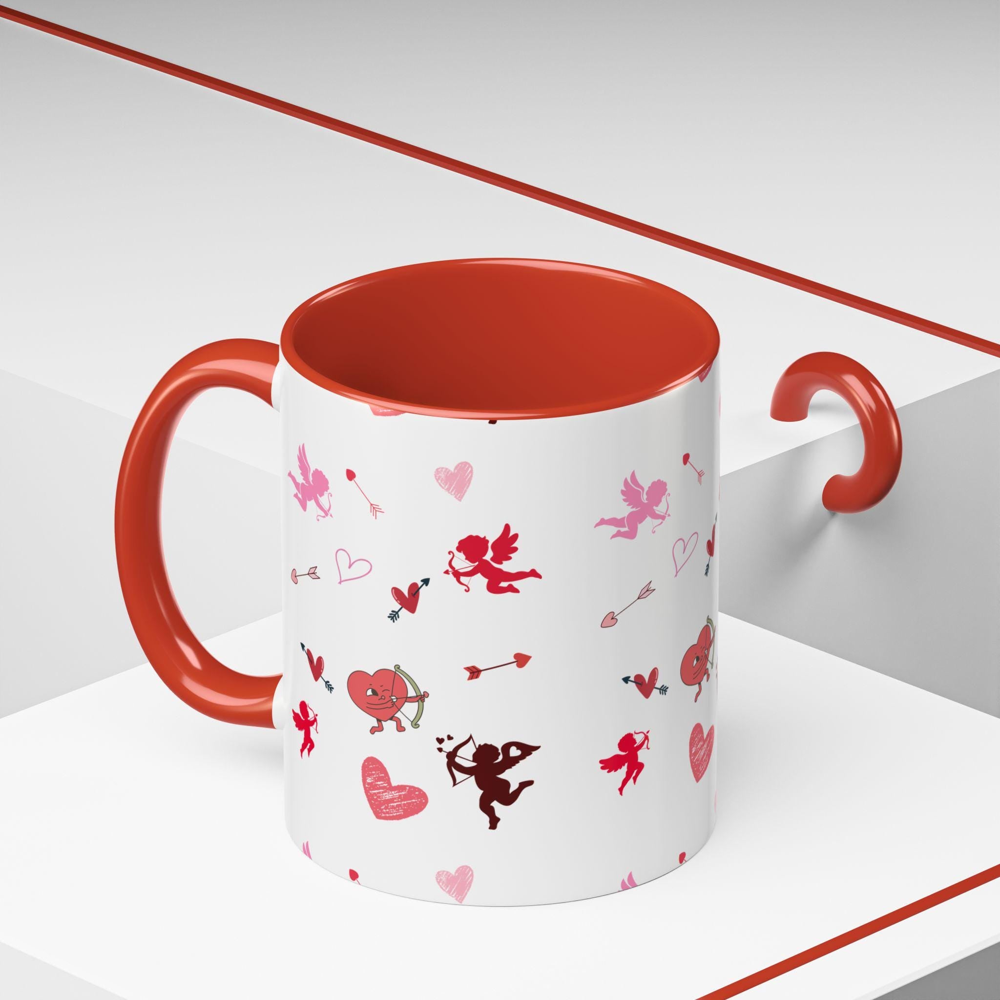 Cupid War Heart Pattern Accent Coffee Mug | Valentine Love Arrow Ceramic | Valentines Mug | Valentines